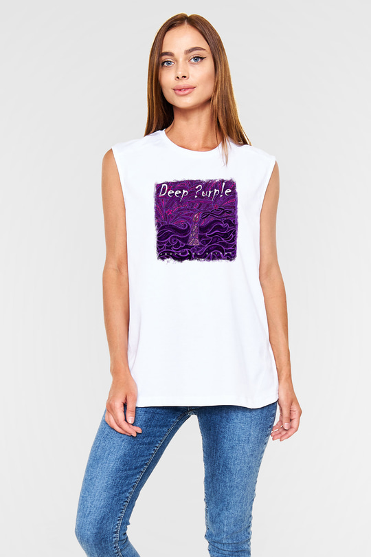 Deep Purple Baskılı Unisex Beyaz Kolsuz Tişört