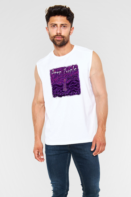 Deep Purple Baskılı Unisex Beyaz Kolsuz Tişört