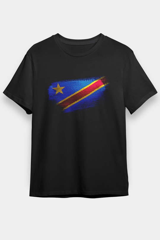 Demokratik Kongo Cumhuriyeti - Democratic Republic Congo Bayrağı Baskılı Unisex Siyah Tişört