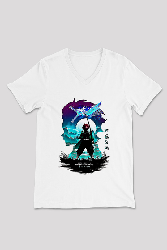 Demon Slayer Baskılı Beyaz Unisex V Yaka Tişört - Tshirt