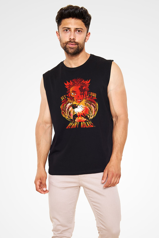 Demon Slayer Baskılı Unisex Siyah Kolsuz Tişört - Tshirt