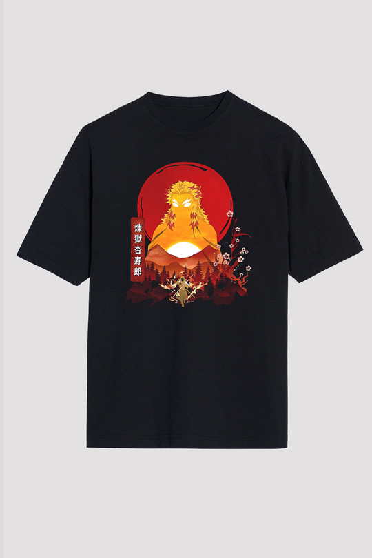 Demon Slayer Baskılı Unisex Siyah Oversize Tişört - Tshirt