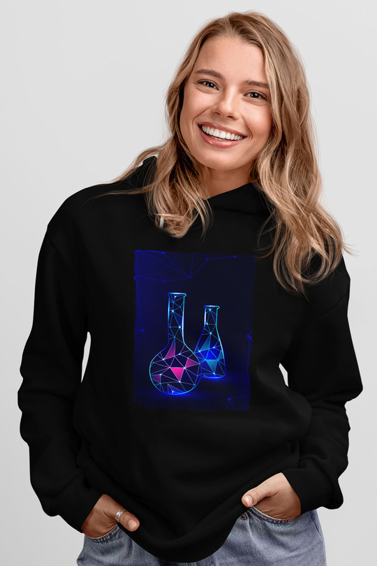 Deney Tüpleri Baskılı Unisex Siyah Hoodie