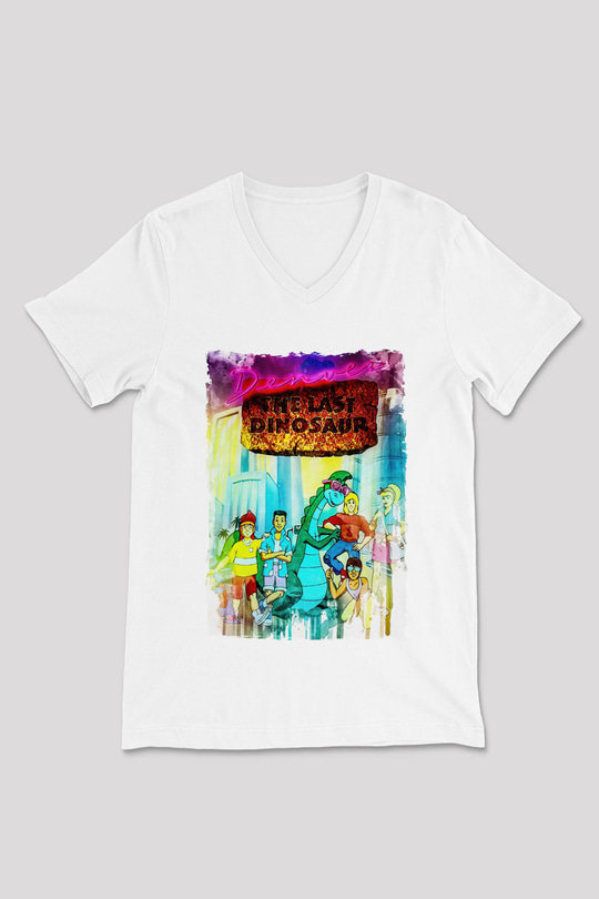 Denver, the Last Dinosaur Beyaz Unisex  V Yaka Tişört