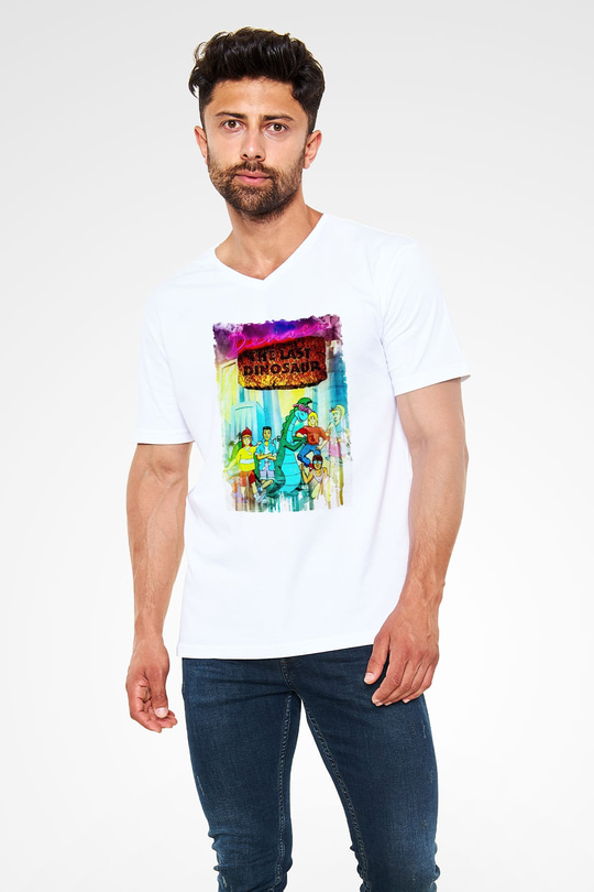 Denver, the Last Dinosaur Beyaz Unisex  V Yaka Tişört