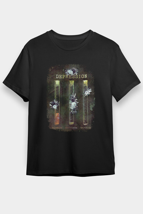 Depresyon Formülü Hormonlar Baskılı Unisex Siyah Tişört - Tshirt