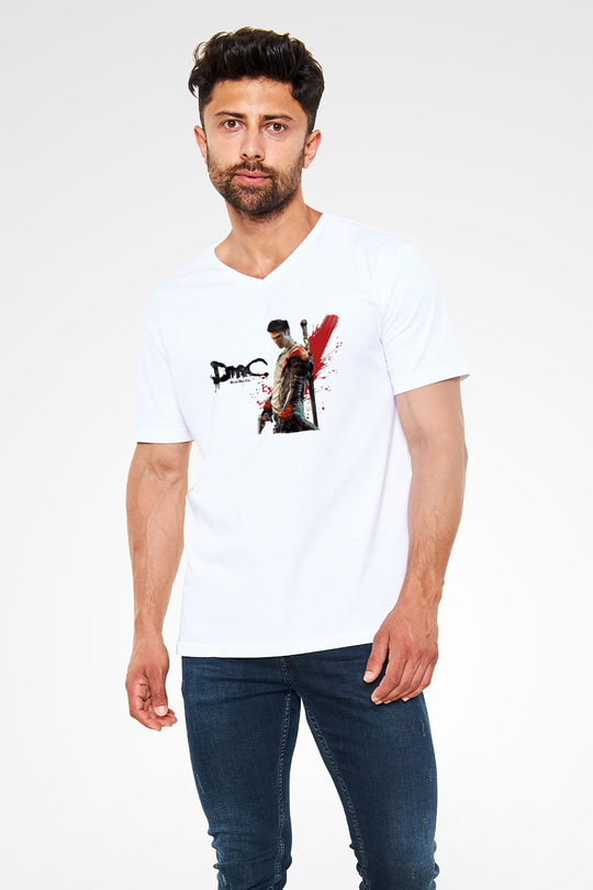 Devil May Cry Beyaz Unisex V Yaka Tişört