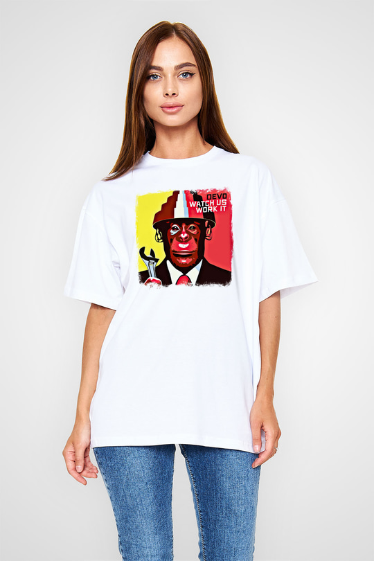 Devo Baskılı Unisex Beyaz Oversize Tişört