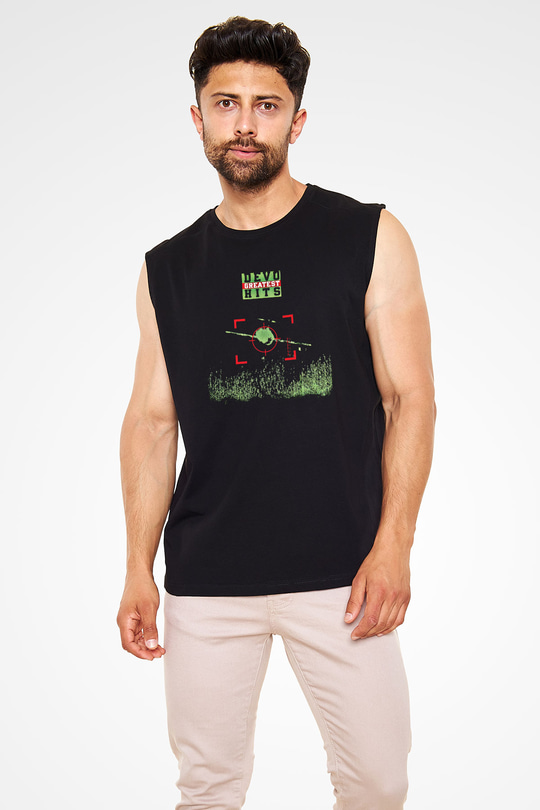 Devo Baskılı Unisex Siyah Kolsuz Tişört