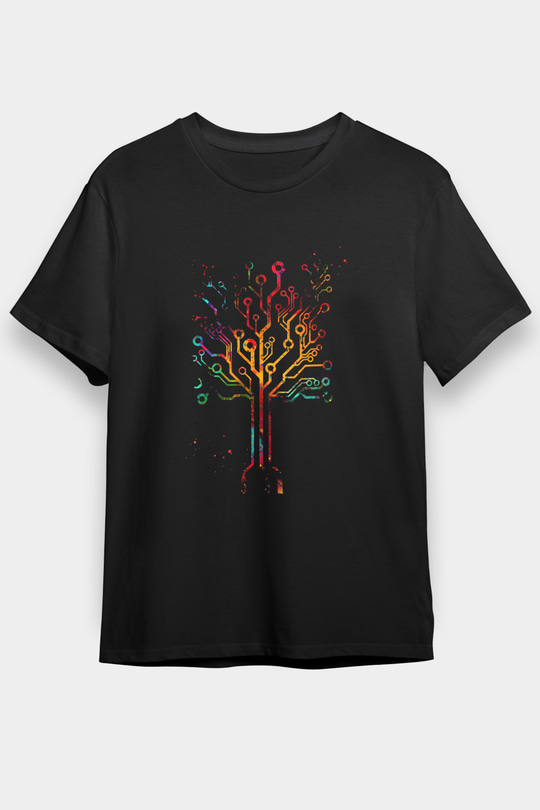Devre Ağaç Baskılı Unisex Siyah Tişört - Tshirt