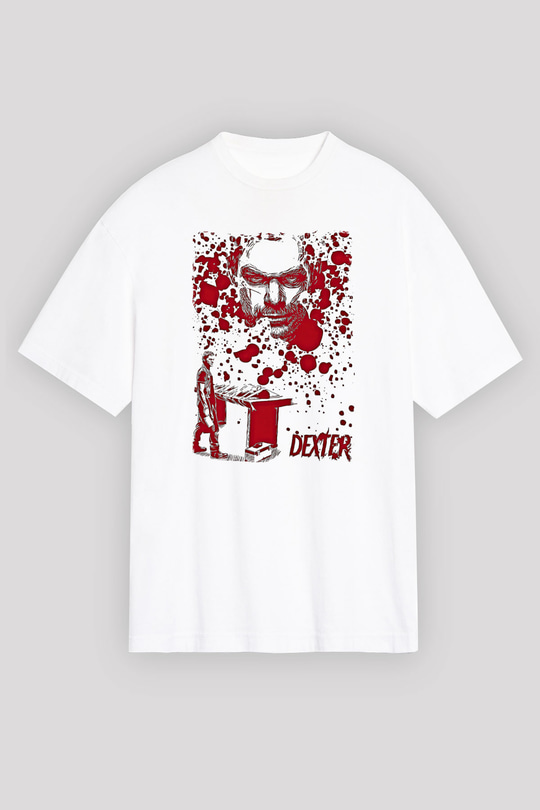 Dexter Baskılı Beyaz Unisex Oversize Tişört - Tshirt