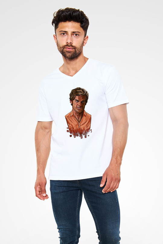 Dexter Baskılı Beyaz Unisex V Yaka Tişört - Tshirt