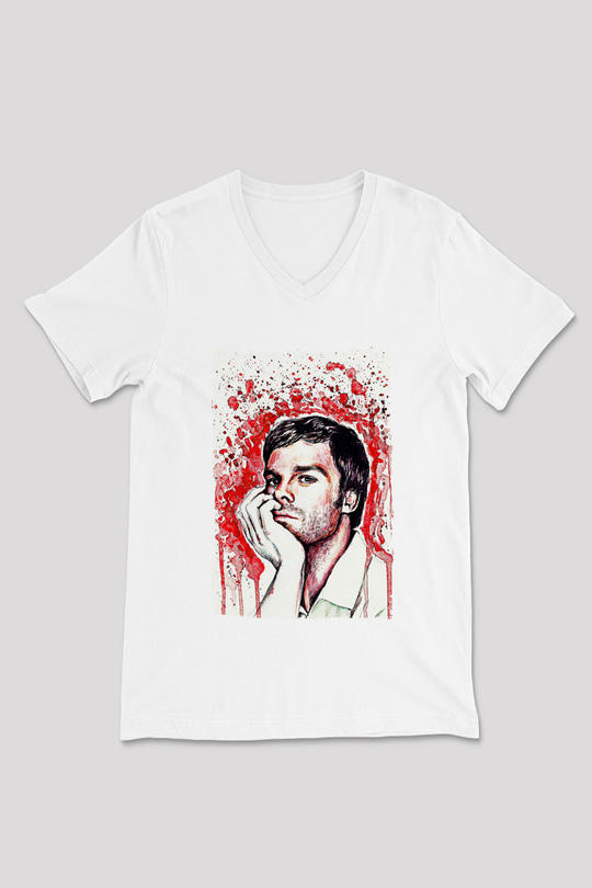 Dexter Baskılı Beyaz Unisex V Yaka Tişört - Tshirt