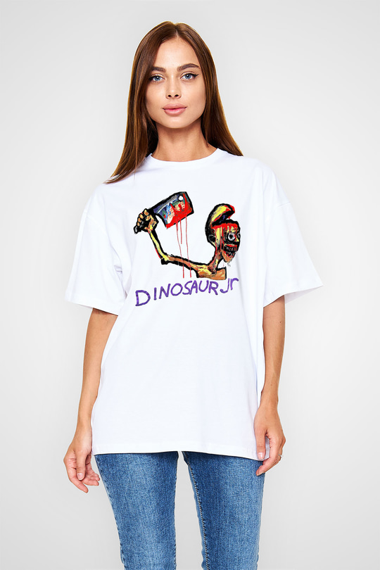 Dinosaur Jr Baskılı Beyaz Unisex Oversize Tişört - Tshirt