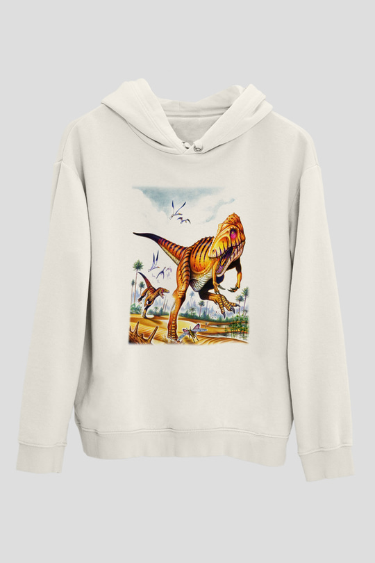 Dinozor Beyaz Unisex Kapşonlu Sweatshirt