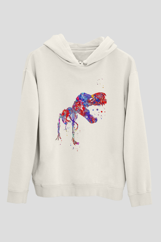 Dinozor Beyaz Unisex Kapüşonlu Sweatshirt