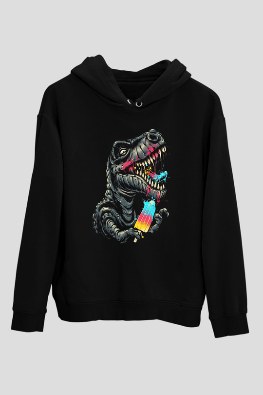 Dinozor Siyah Unisex Kapüşonlu Sweatshirt