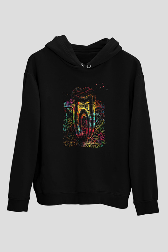 Diş Diyagramı Baskılı Unisex Siyah Hoodie