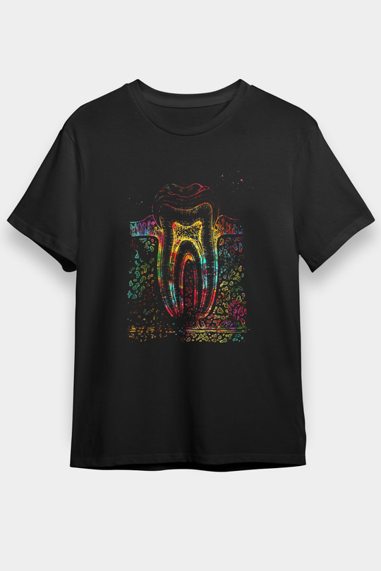 Diş Diyagramı Baskılı Unisex Siyah Tişört - Tshirt