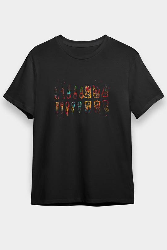 Diş Diyagramı Renkli Baskılı Unisex Siyah Tişört - Tshirt