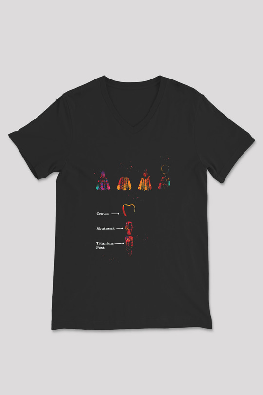Diş İmplantları Baskılı Unisex V Yaka Siyah Tİşört - Tshirt