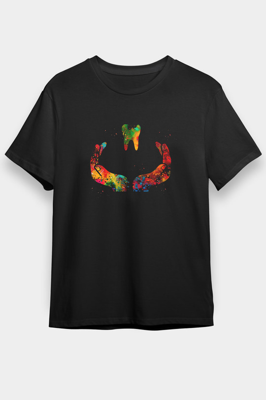 Diş Renkli Baskılı Unisex Siyah Tişört - Tshirt