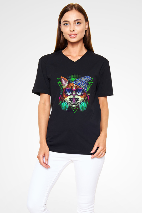 DJ Baskılı Unisex Siyah  V Yaka Tişört