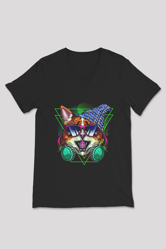 DJ Baskılı Unisex Siyah  V Yaka Tişört