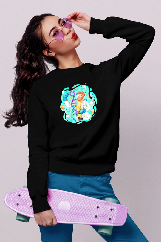 Dna Sarmalı Laborant Baskılı Unisex Siyah Sweatshirt