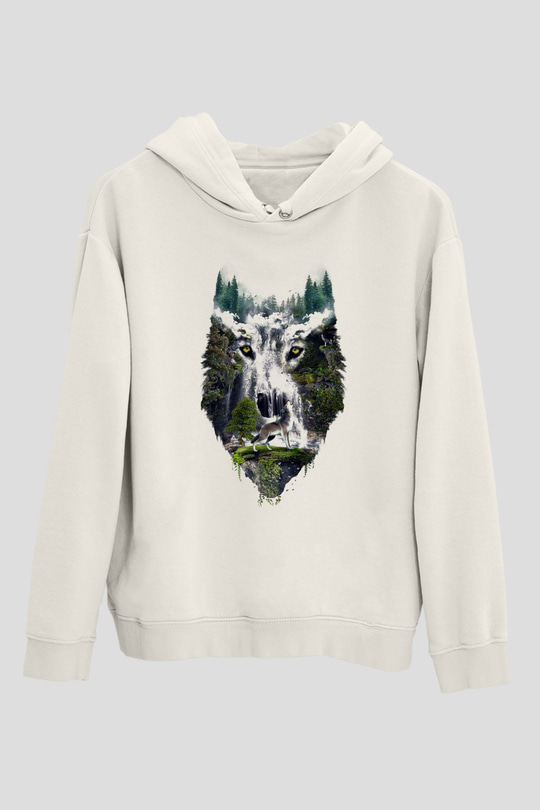 Doğa ve KurtBeyaz  Unisex Hoodie