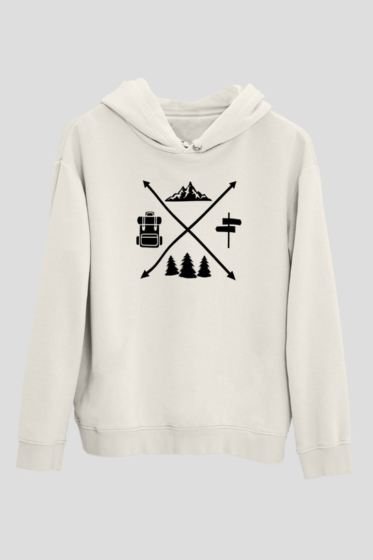 Doğa Yürüyüşü Baskılı Unisex Ekru Hoodie