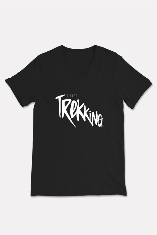 Doğa Yürüyüşü - Trekking Baskılı Unisex Siyah V Yaka Tişört