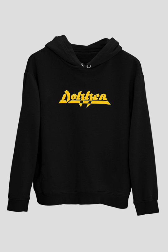 Dokken Baskılı Unisex Siyah Kapüşonlu Sweatshirt