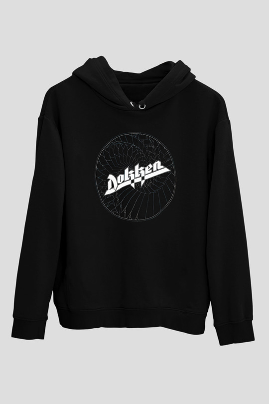 Dokken Baskılı Unisex Siyah Kapüşonlu Sweatshirt
