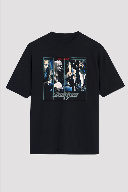 Dokken Baskılı Unisex Siyah Oversize Tişört