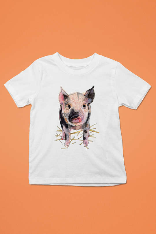 Domuz Baskılı Beyaz Unisex Çocuk Tişört