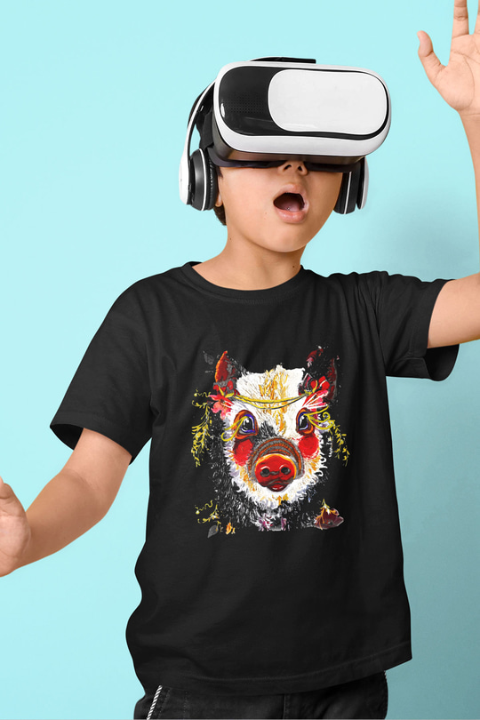 Domuz Baskılı Siyah Unisex Çocuk Tişört