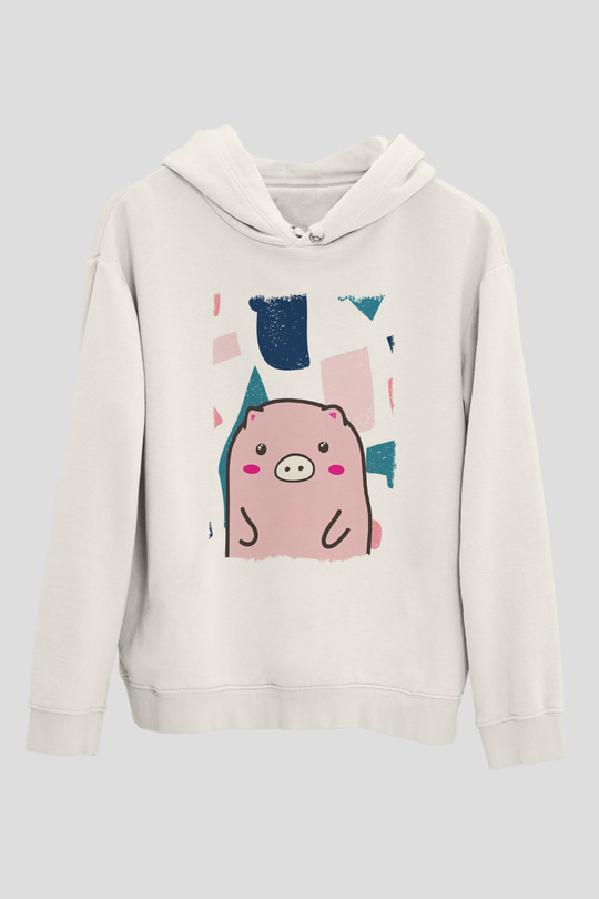 Domuz Beyaz Unisex Kapüşonlu Sweatshirt