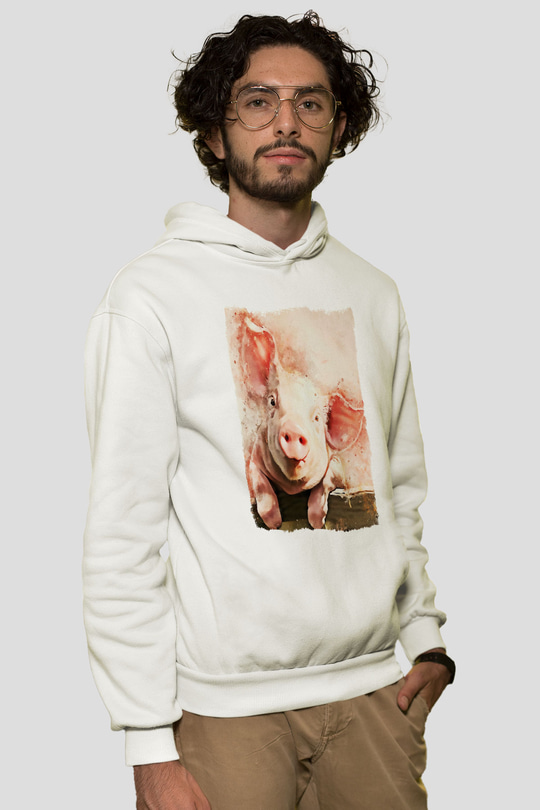 Domuz Beyaz Unisex Kapüşonlu Sweatshirt