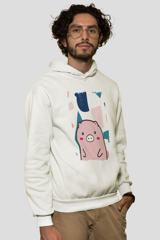 Domuz Beyaz Unisex Kapüşonlu Sweatshirt