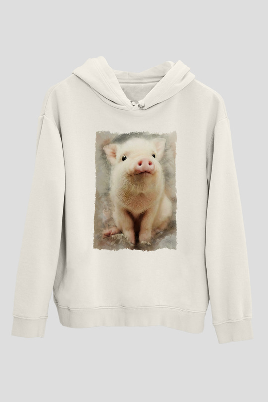 Domuz Beyaz Unisex Kapüşonlu Sweatshirt