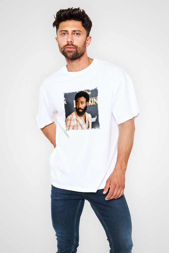 Donald Glover Baskılı Oversize Beyaz Tişört