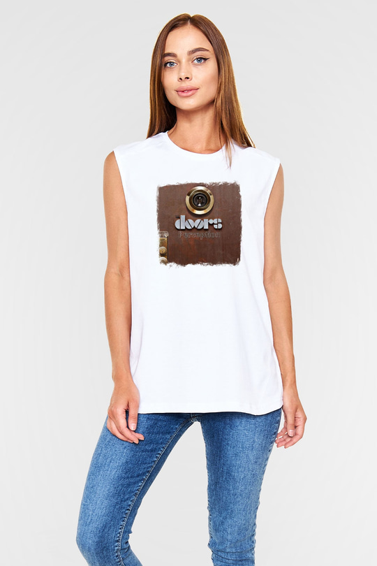 Doors Baskılı Unisex Beyaz Kolsuz Tişört