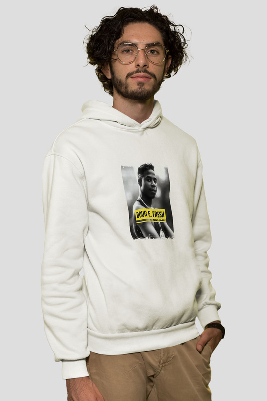 Doug E. Fresh Baskılı Unisex Beyaz Kapüşonlu Sweatshirt