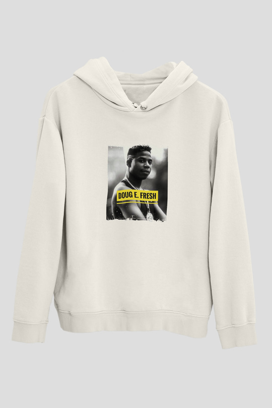 Doug E. Fresh Baskılı Unisex Beyaz Kapüşonlu Sweatshirt