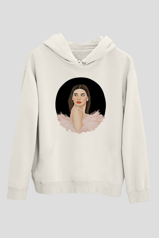 Dua Lipa Baskılı Beyaz Unisex Kapüşonlu Sweatshirt
