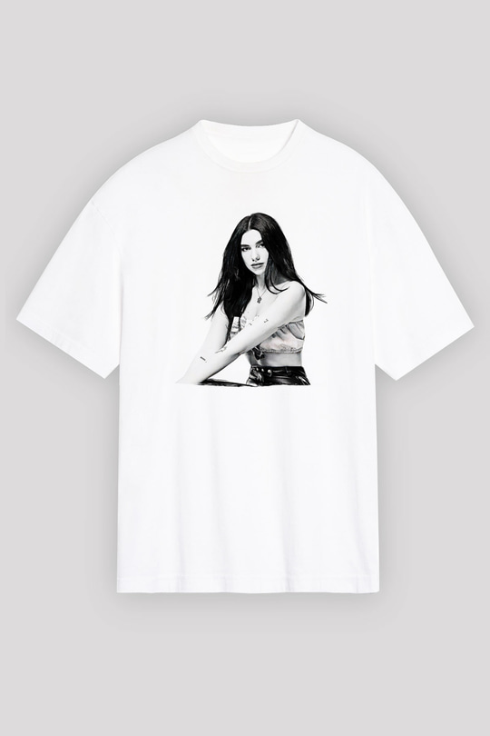 Dua Lipa Baskılı Beyaz Unisex Oversize Tişört - Tshirt