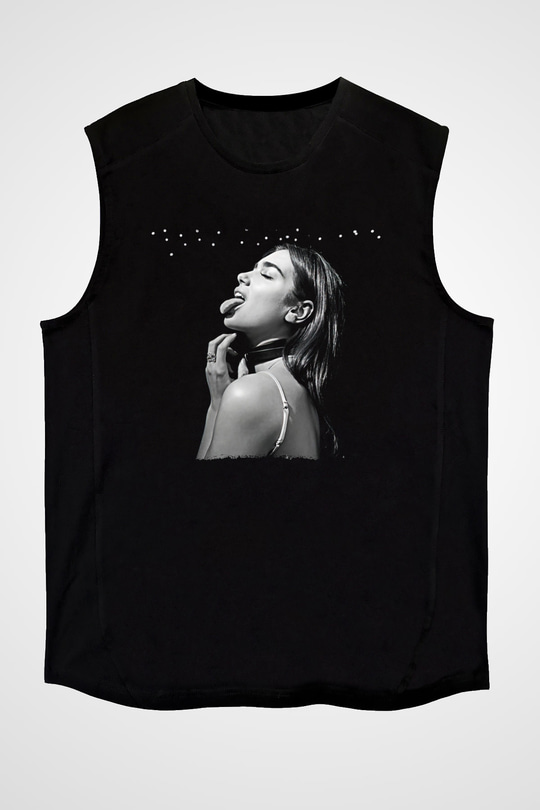 Dua Lipa Baskılı Unisex Siyah Kolsuz Tişört - Tshirt