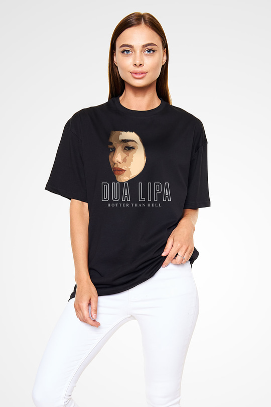 Dua Lipa Baskılı Unisex Siyah Oversize Tişört - Tshirt