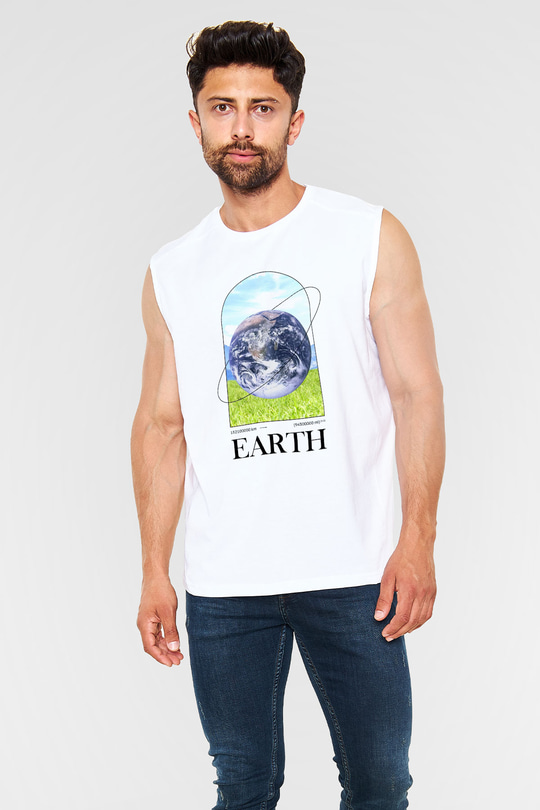 Dünya Baskılı Unisex Kolsuz Beyaz Tişört - Tshirt